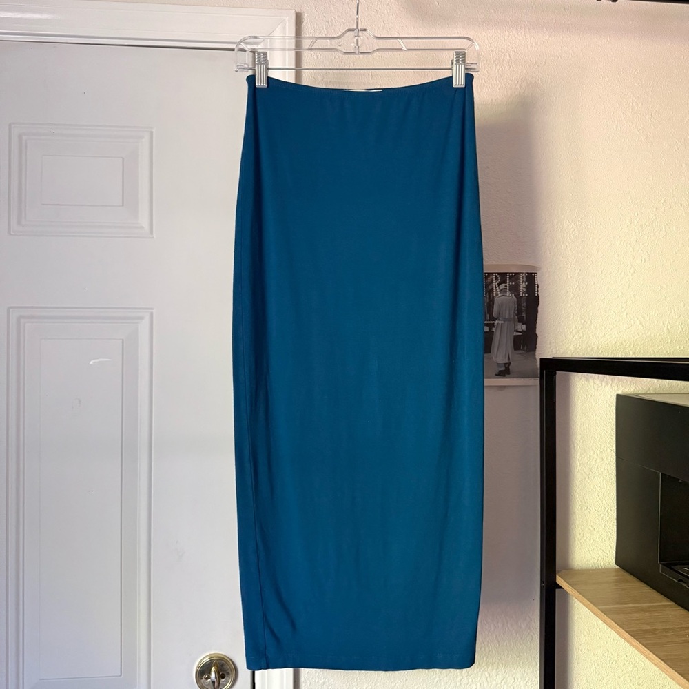MIMU‎ MAXI blue teal knit elastic pull on bodycon midi skirt